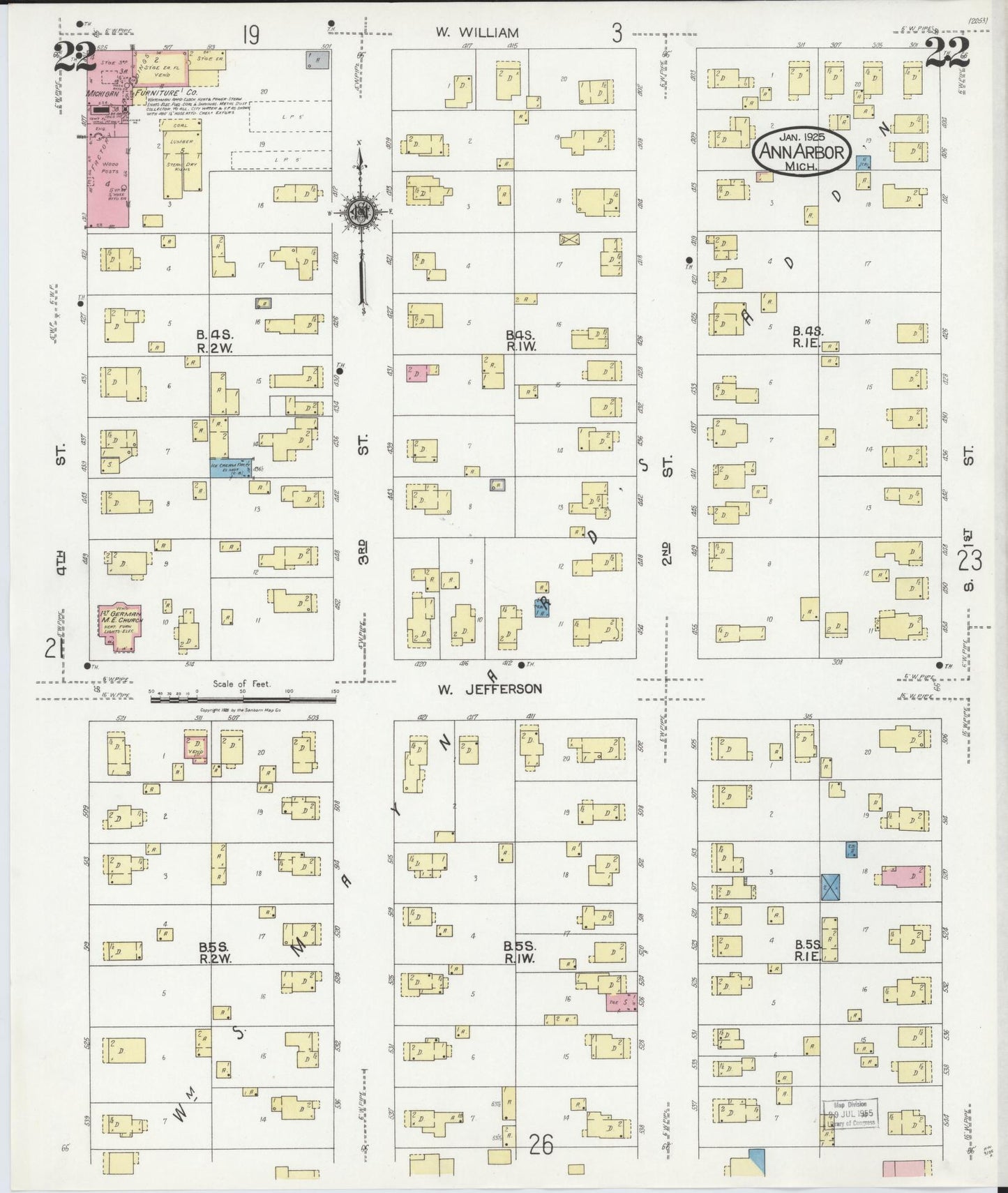 Sanborn Fire Insurance Map from Ann Arbor, Washtenaw County, Michigan (1925), Sheet #0022 - Historic Sanborn Fire Insurance Map Print, vintage old map wall art, antique decor, genealogy gift, Michigan Michigan map