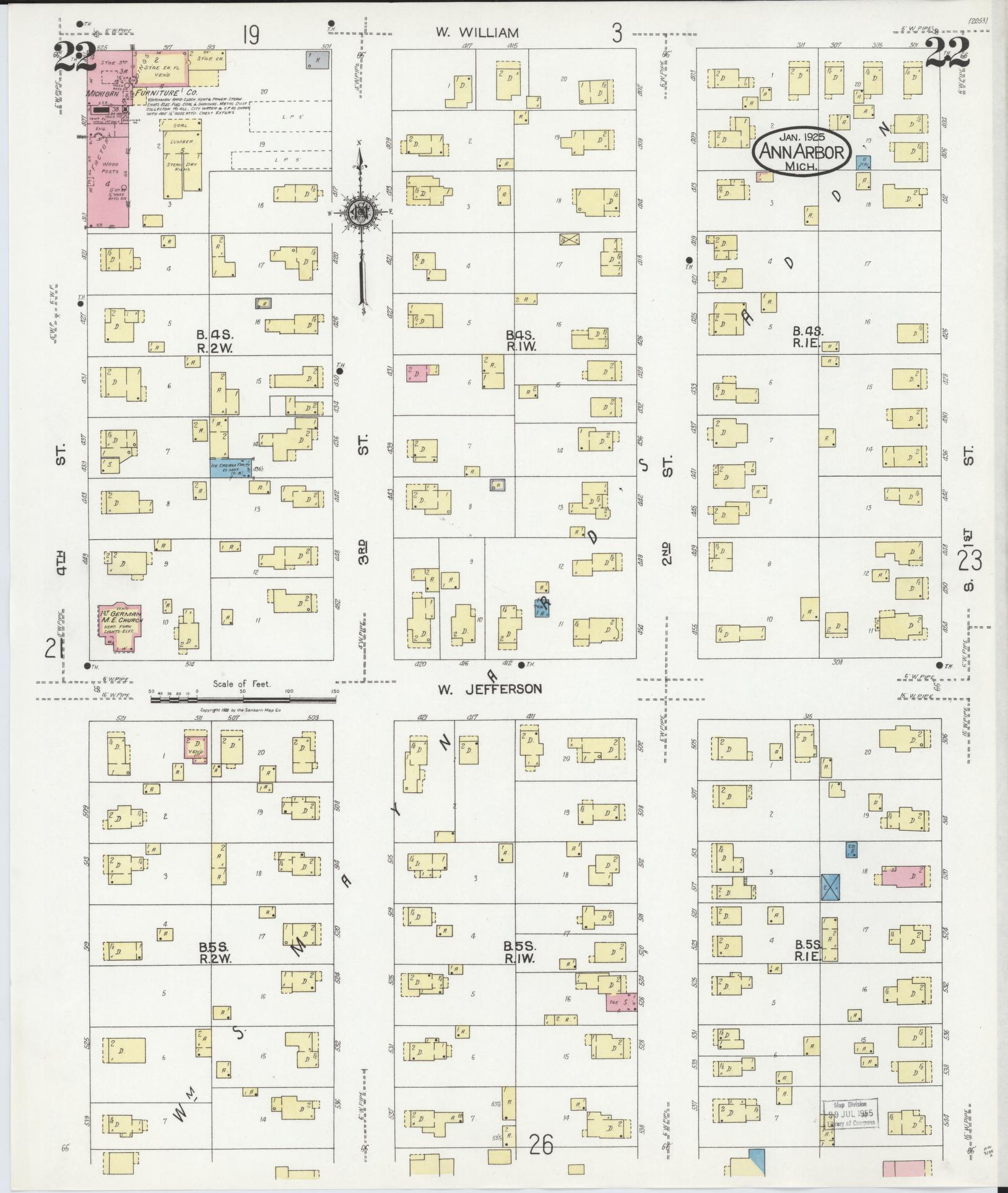 Sanborn Fire Insurance Map from Ann Arbor, Washtenaw County, Michigan (1925), Sheet #0022 - Historic Sanborn Fire Insurance Map Print, vintage old map wall art, antique decor, genealogy gift, Michigan Michigan map