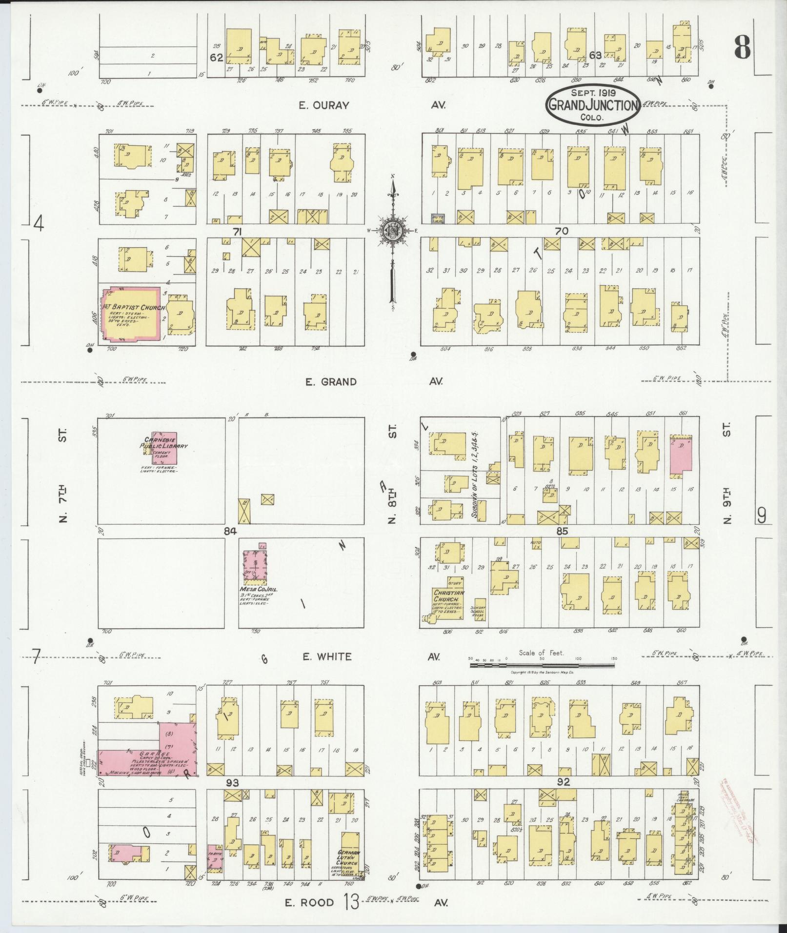 Sanborn Fire Insurance Map from Grand Junction, Mesa County, Colorado (1919), Sheet #0008 - Historic Sanborn Fire Insurance Map Print, vintage old map wall art, antique decor, genealogy gift, Colorado Colorado map