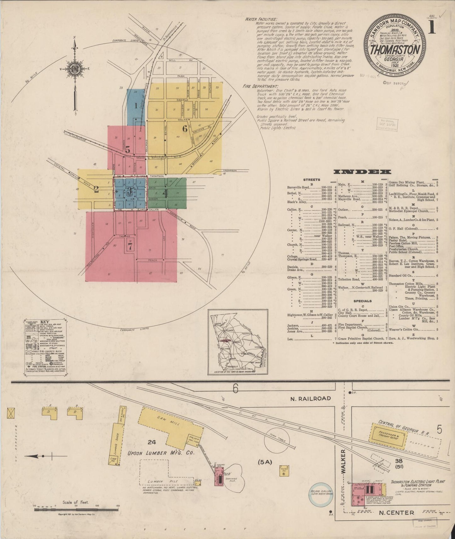 Sanborn Fire Insurance Map from Thomaston, Upson County, Georgia (1921), Sheet #0001 - Historic Sanborn Fire Insurance Map Print, vintage old map wall art, antique decor, genealogy gift, Georgia Georgia map