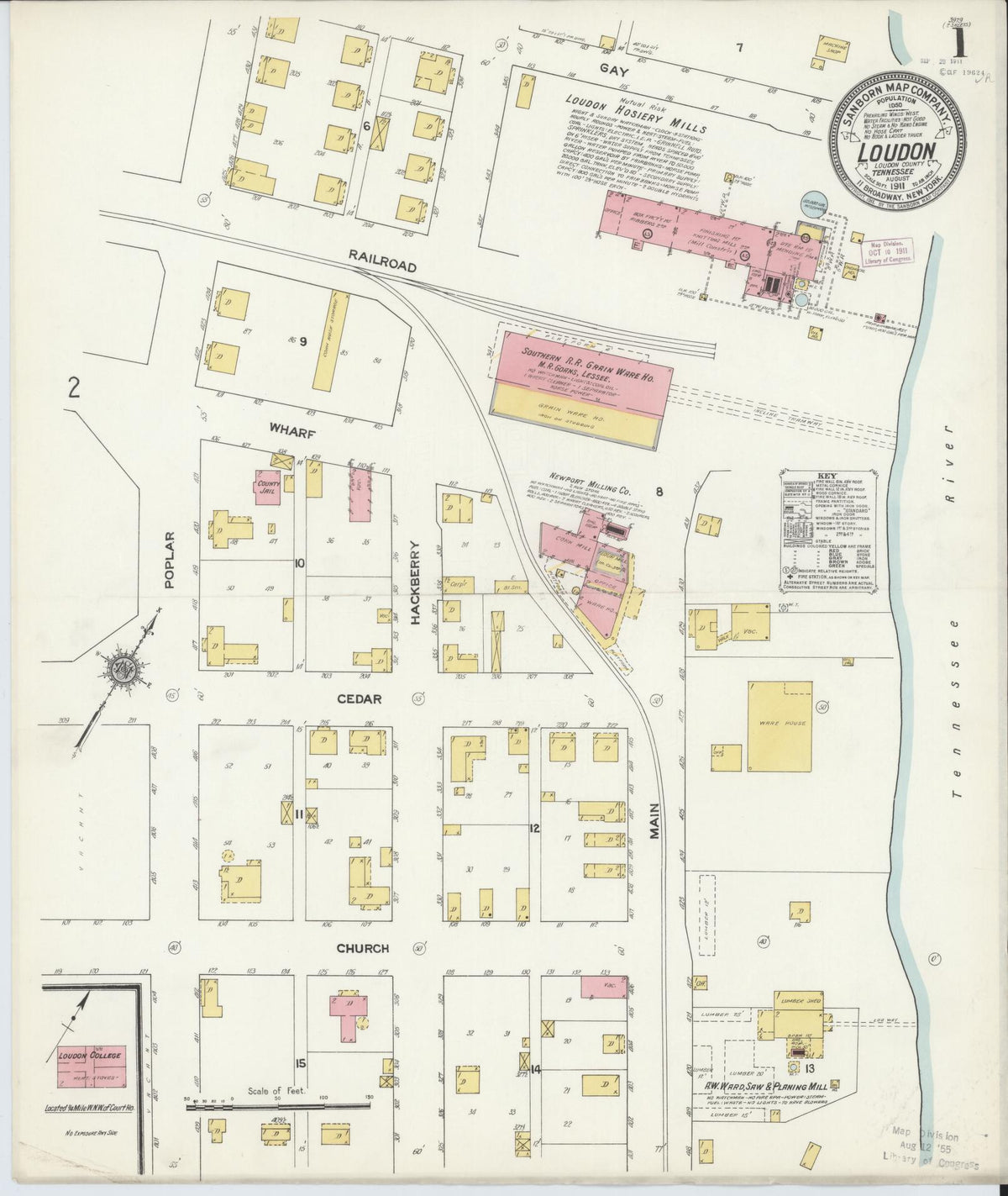 Sanborn Fire Insurance Map from Loudon, Loudon County, Tennessee (1911), Sheet #0001 - Complete Map Set gallery image, historic Sanborn map, vintage wall art, Tennessee Tennessee