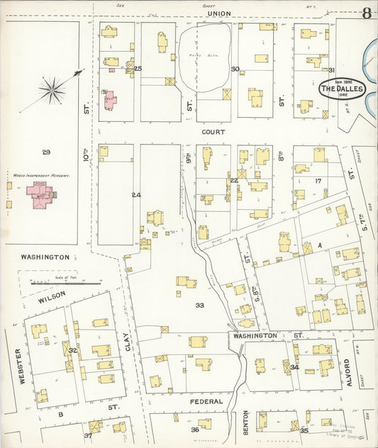 Sanborn Fire Insurance Map from The Dalles, Wasco County, Oregon (1892), Sheet #0008 - Historic Sanborn Fire Insurance Map Print, vintage old map wall art, antique decor, genealogy gift, Oregon Oregon map