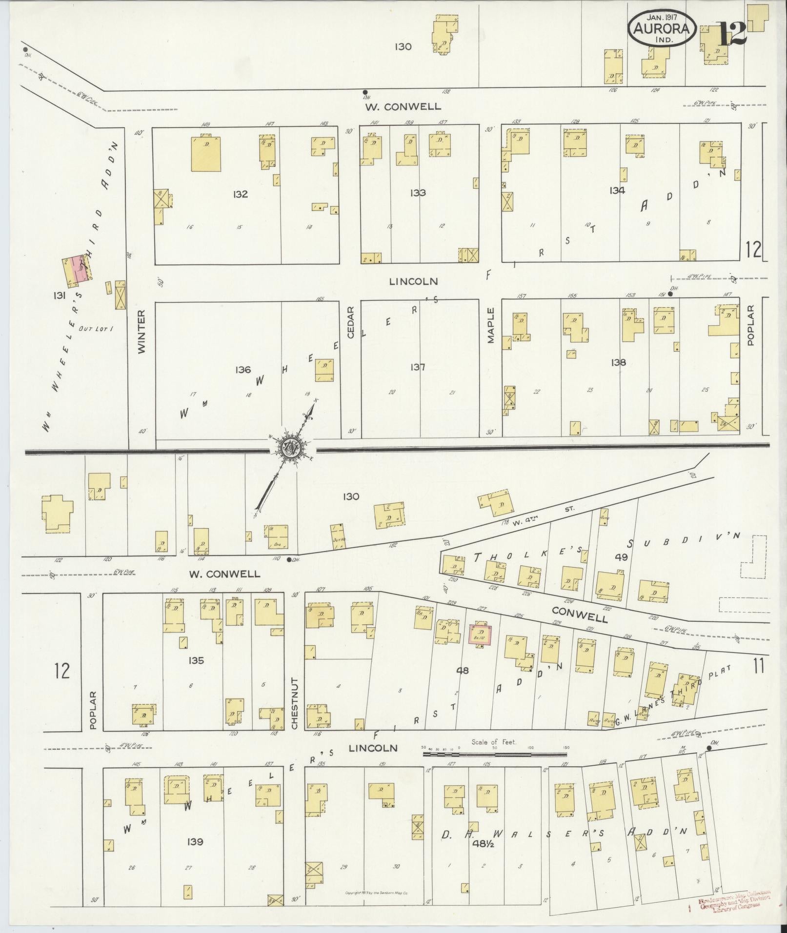 Sanborn Fire Insurance Map from Aurora, Dearborn County, Indiana (1917), Sheet #0012 - Historic Sanborn Fire Insurance Map Print, vintage old map wall art, antique decor, genealogy gift, Indiana Indiana map