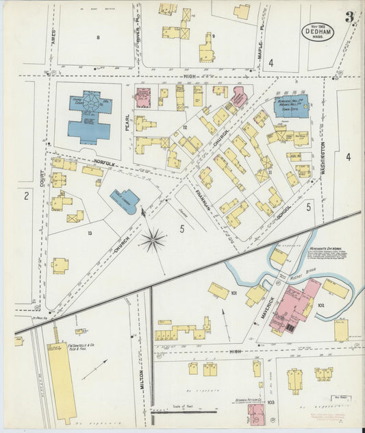 Sanborn Fire Insurance Map from Dedham, Norfolk County, Massachusetts (1903), Sheet #0003 - Historic Sanborn Fire Insurance Map Print, vintage old map wall art, antique decor, genealogy gift, Massachusetts Massachusetts map