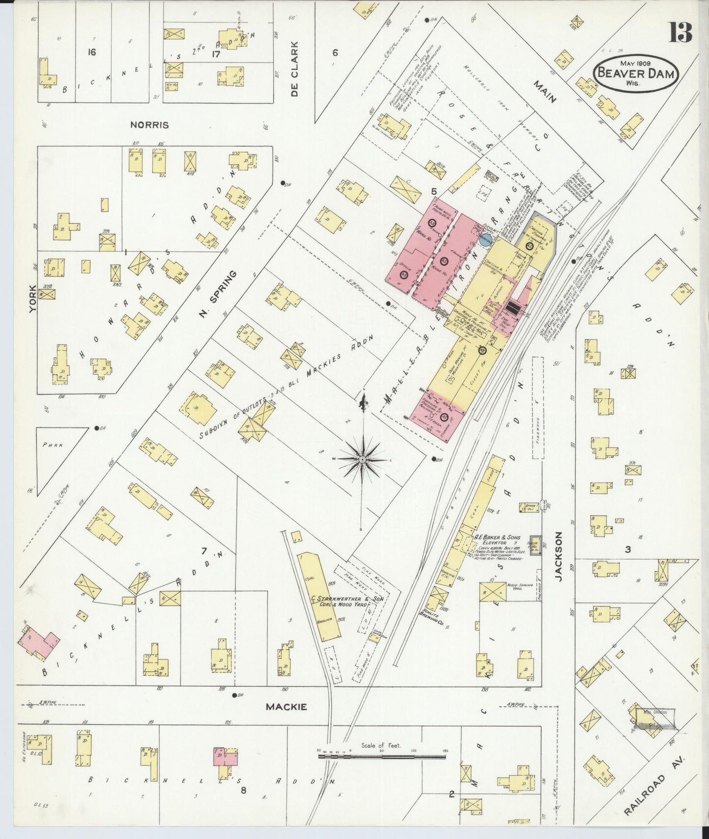 Sanborn Fire Insurance Map from Beaver Dam, Dodge County, Wisconsin (1909), Sheet #0013 - Historic Sanborn Fire Insurance Map Print, vintage old map wall art, antique decor, genealogy gift, Wisconsin Wisconsin map