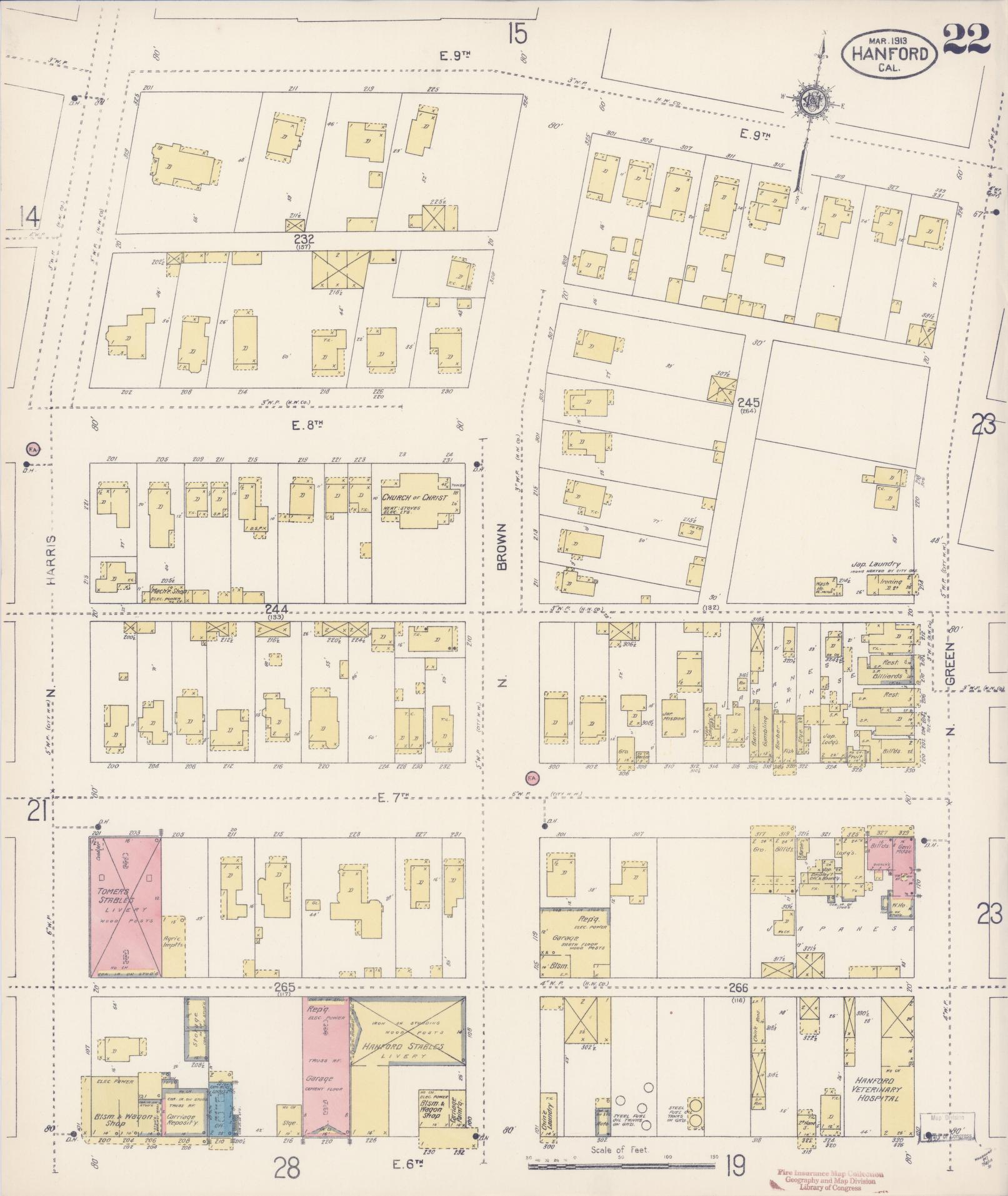 Sanborn Fire Insurance Map from Hanford, Kings County, California (1913), Sheet #0022 - Historic Sanborn Fire Insurance Map Print, vintage old map wall art, antique decor, genealogy gift, California California map