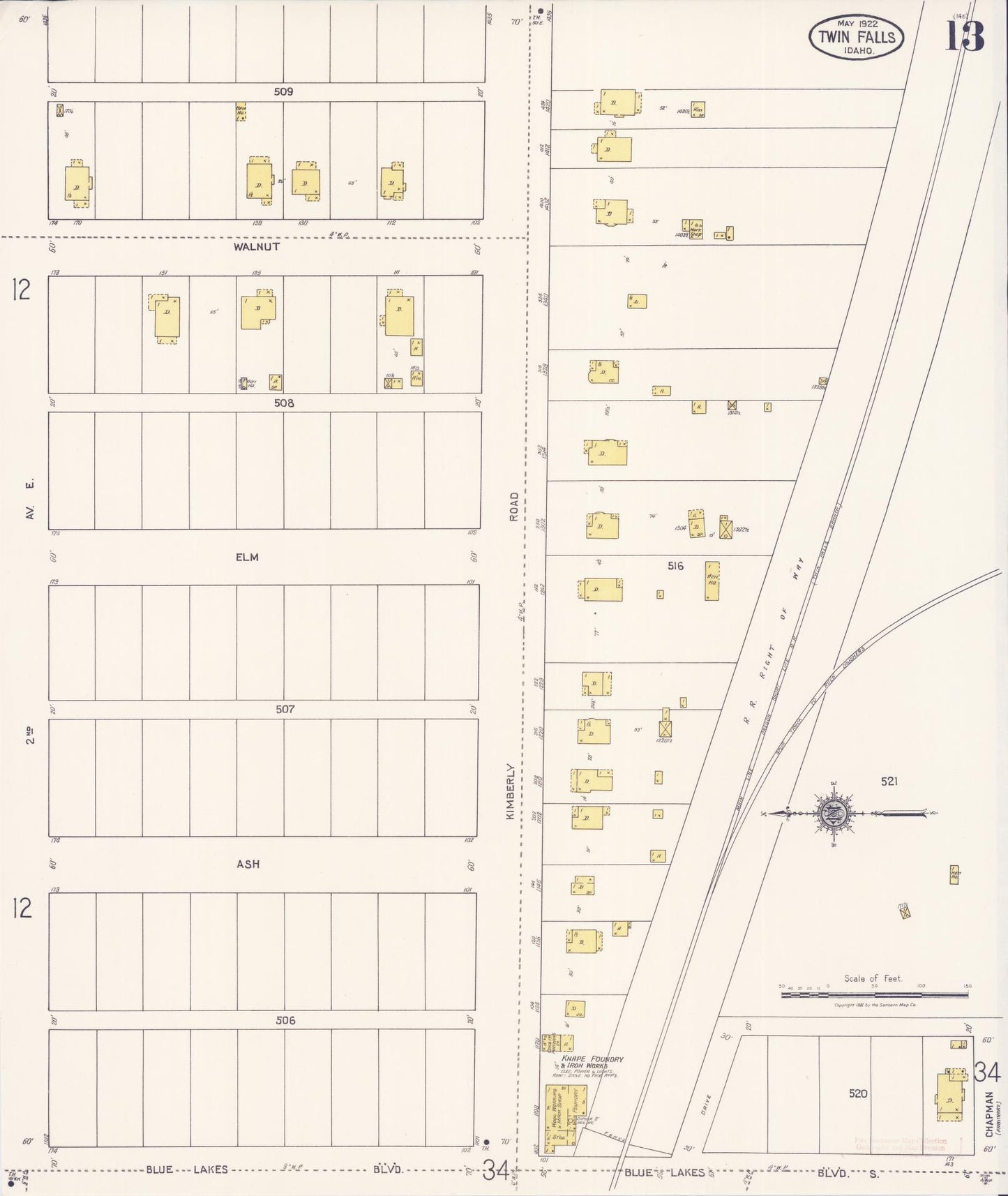 Sanborn Fire Insurance Map from Twin Falls, Twin Falls County, Idaho (1922), Sheet #0013 - Complete Map Set gallery image, historic Sanborn map, vintage wall art, Falls Idaho
