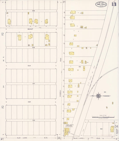 Sanborn Fire Insurance Map from Twin Falls, Twin Falls County, Idaho (1922), Sheet #0013 - Complete Map Set gallery image, historic Sanborn map, vintage wall art, Falls Idaho