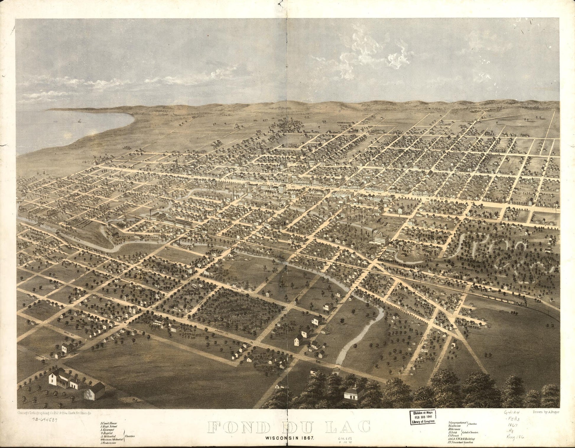 Fond du Lac, Wisconsin 1867. (1867) – Historic Bird’s-Eye View Panorama Print