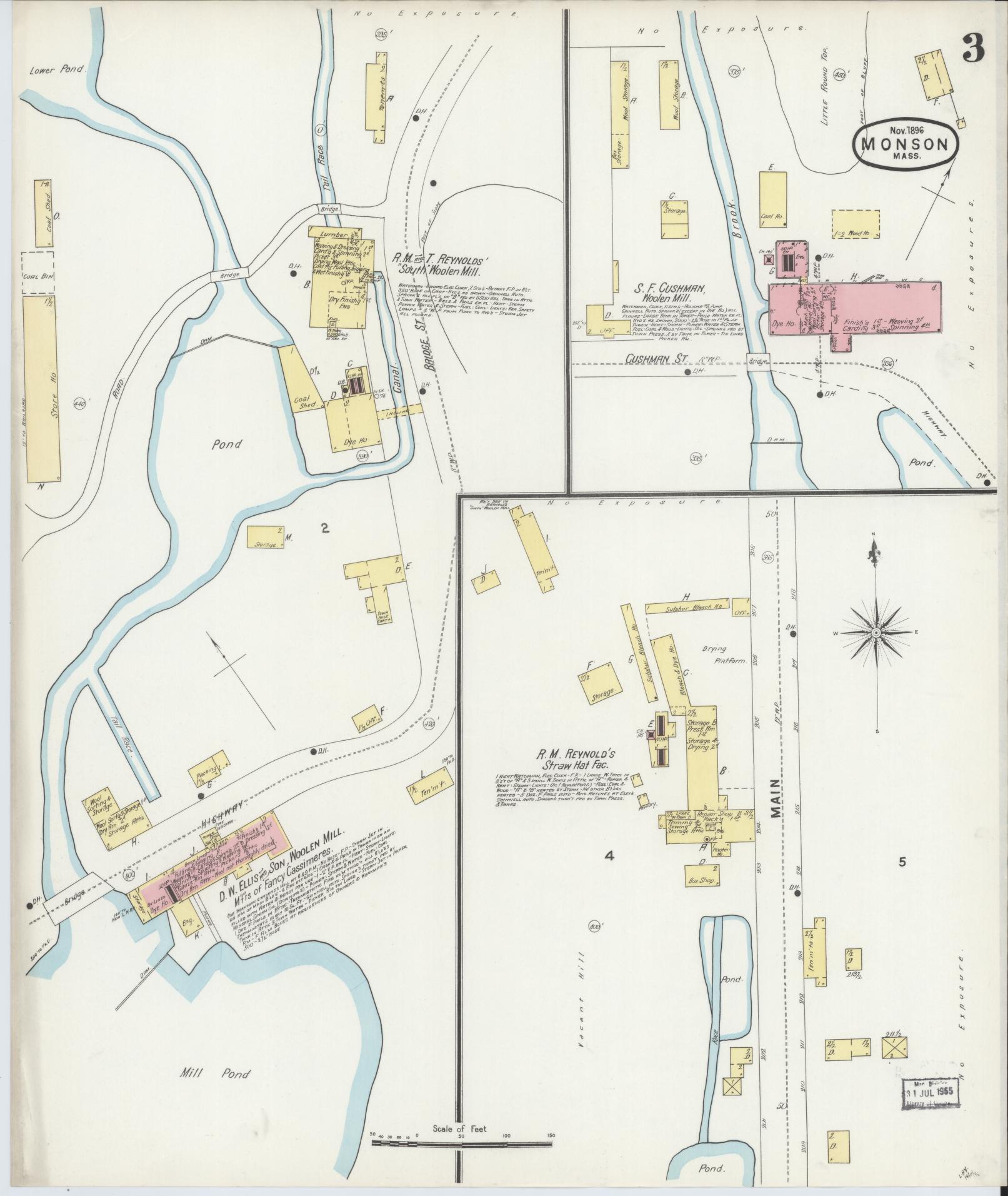 Sanborn Fire Insurance Map from Monson, Hampden County, Massachusetts (1896), Sheet #0003 - Historic Sanborn Fire Insurance Map Print, vintage old map wall art, antique decor, genealogy gift, Massachusetts Massachusetts map