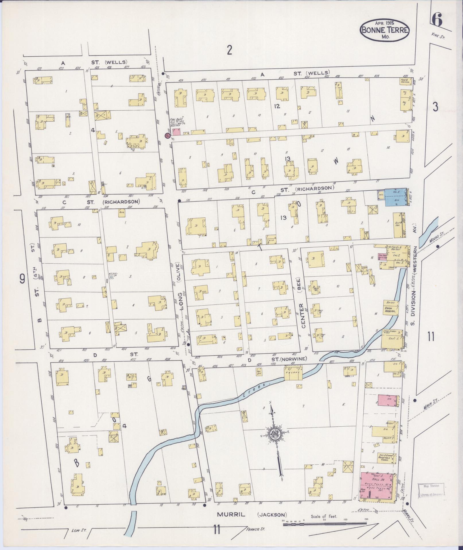 Sanborn Fire Insurance Map from Bonne Terre, Saint Francois County, Missouri (1915), Sheet #0006 - Historic Sanborn Fire Insurance Map Print, vintage old map wall art, antique decor, genealogy gift, Missouri Missouri map