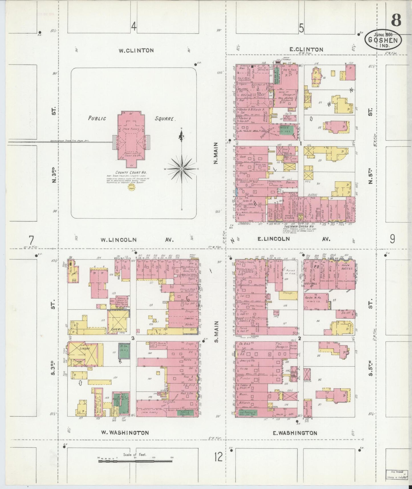 Sanborn Fire Insurance Map from Goshen, Elkhart County, Indiana (1905), Sheet #0008 - Complete Map Set gallery image, historic Sanborn map, vintage wall art, Indiana Indiana