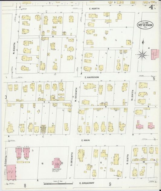 Sanborn Fire Insurance Map from Mount Vernon, Jefferson County, Illinois (1908), Sheet #0004 - Historic Sanborn Fire Insurance Map Print, vintage old map wall art, antique decor, genealogy gift, Illinois Illinois map