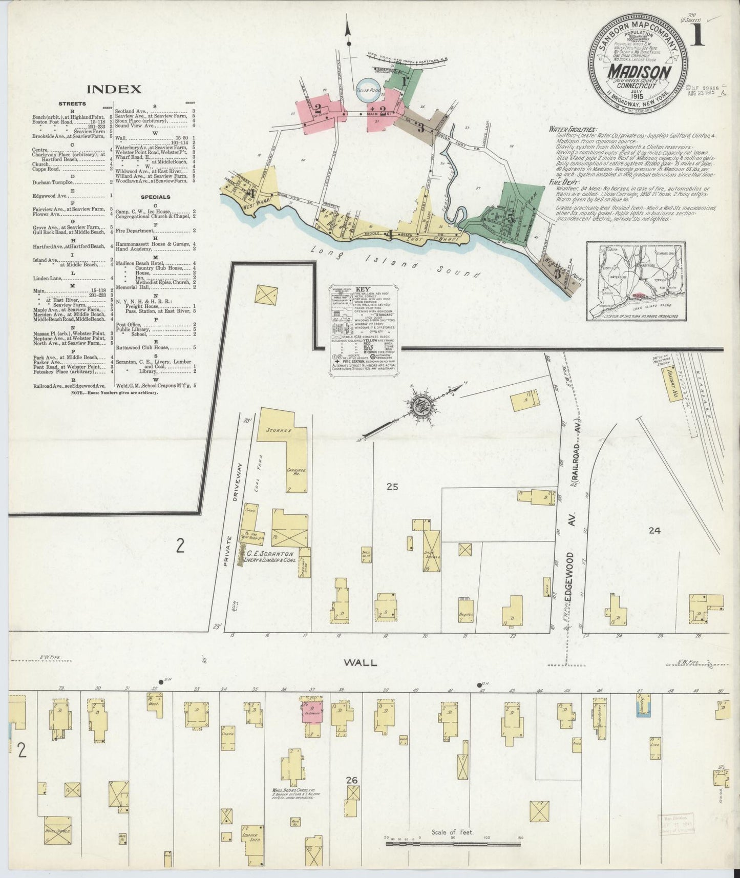 Sanborn Fire Insurance Map from Madison, New Haven County, Connecticut (1915), Sheet #0001 - Historic Sanborn Fire Insurance Map Print, vintage old map wall art, antique decor, genealogy gift, Connecticut Connecticut map