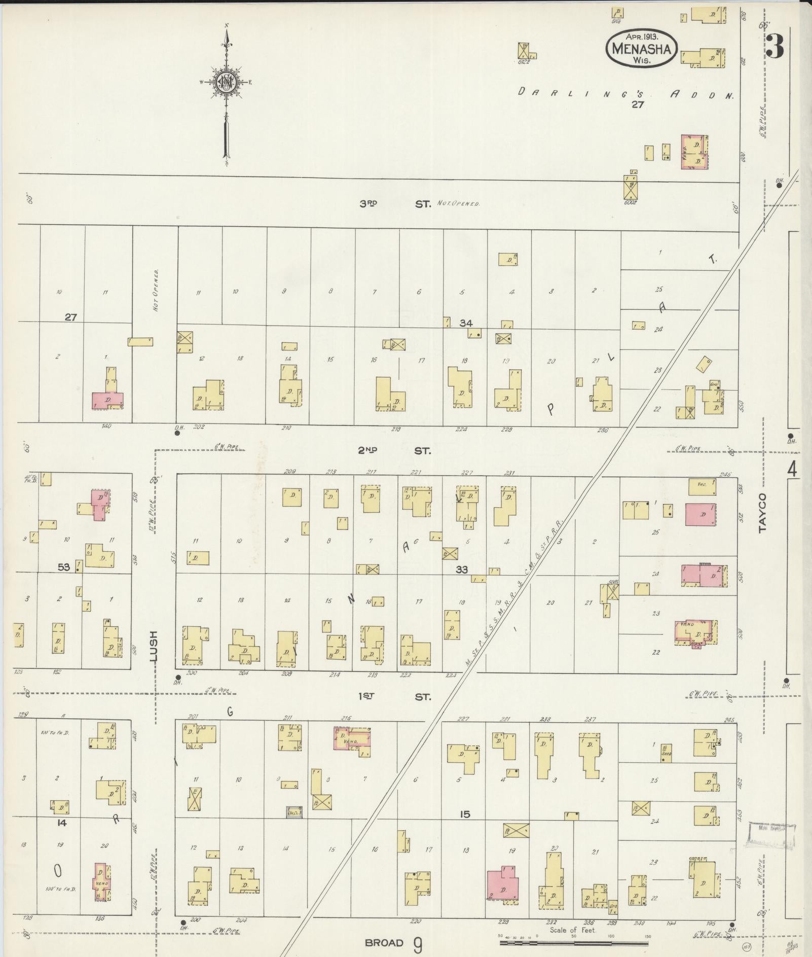 Sanborn Fire Insurance Map from Menasha, Winnebago County, Wisconsin (1913), Sheet #0003 - Historic Sanborn Fire Insurance Map Print, vintage old map wall art, antique decor, genealogy gift, Wisconsin Wisconsin map