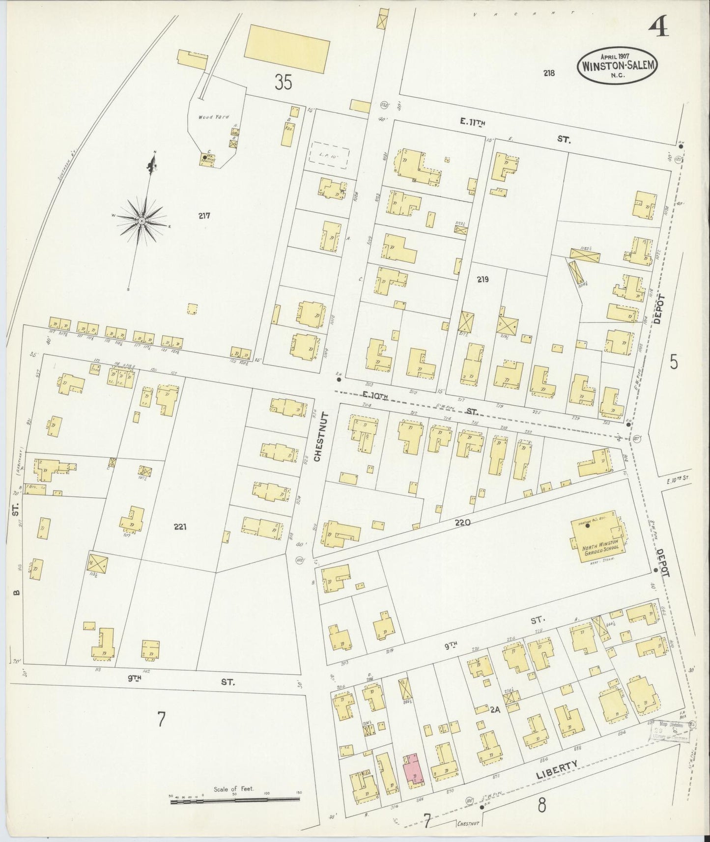 Sanborn Fire Insurance Map from Winston-Salem, Forsyth County, North Carolina (1907), Sheet #0004 - Historic Sanborn Fire Insurance Map Print, vintage old map wall art, antique decor, genealogy gift, North Carolina North Carolina map