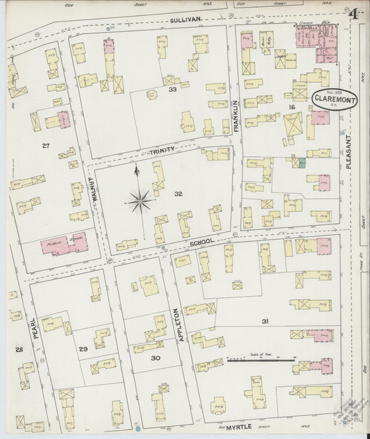 Sanborn Fire Insurance Map from Claremont, Sullivan County, New Hampshire (1889), Sheet #0004 - Historic Sanborn Fire Insurance Map Print, vintage old map wall art, antique decor, genealogy gift, New Hampshire New Hampshire map