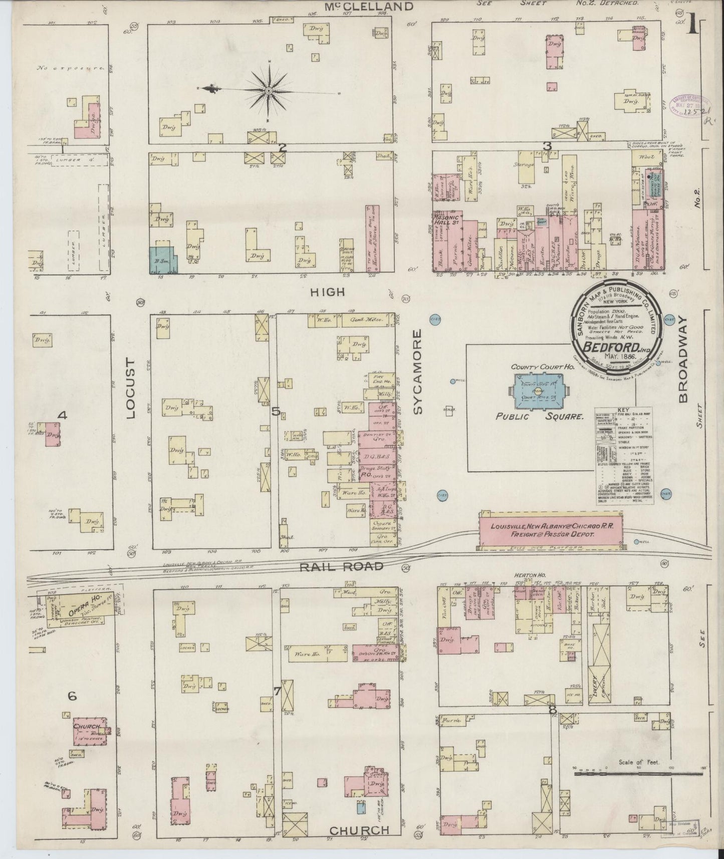 Sanborn Fire Insurance Map from Bedford, Lawrence County, Indiana (1886), Sheet #0001 - Complete Map Set gallery image, historic Sanborn map, vintage wall art, Indiana Indiana