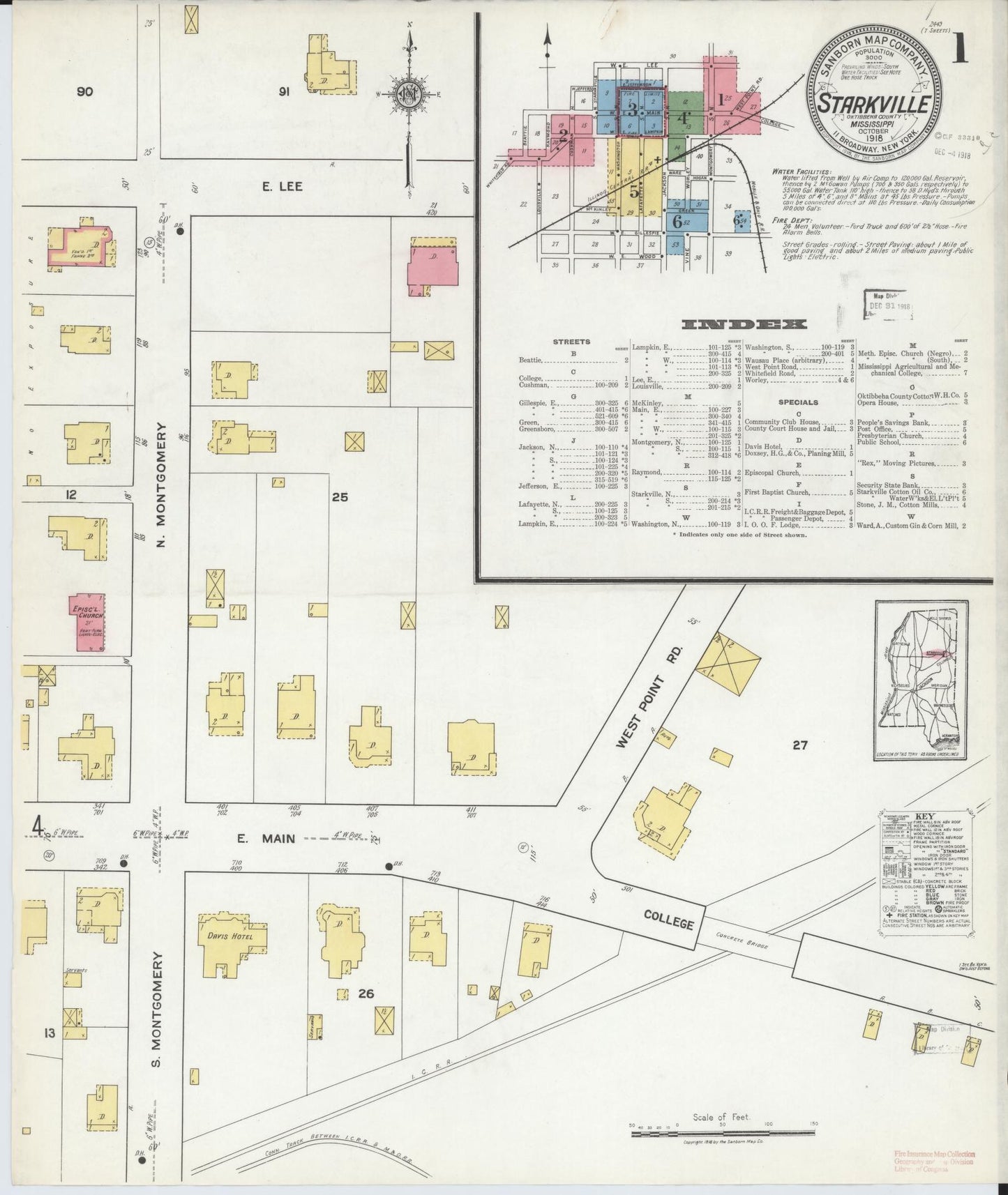 Sanborn Fire Insurance Map from Starkville, Oktibbeha County, Mississippi (1918), Sheet #0001 - Historic Sanborn Fire Insurance Map Print, vintage old map wall art, antique decor, genealogy gift, Mississippi Mississippi map