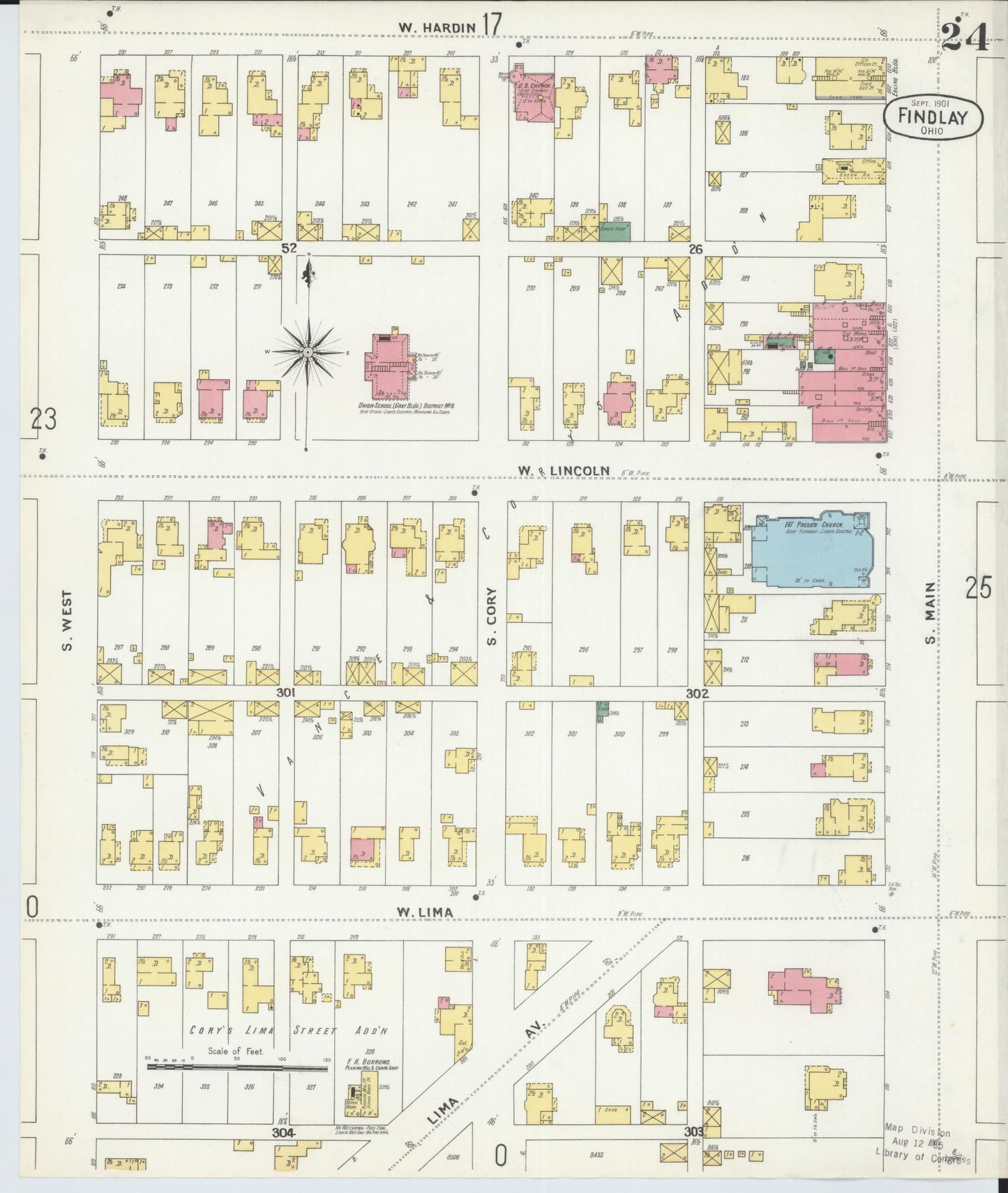 Sanborn Fire Insurance Map from Findlay, Hancock County, Ohio (1901), Sheet #0024 - Historic Sanborn Fire Insurance Map Print, vintage old map wall art, antique decor, genealogy gift, Ohio Ohio map