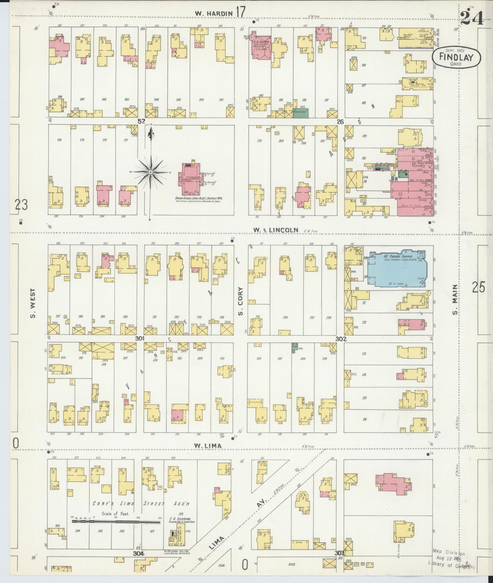 Sanborn Fire Insurance Map from Findlay, Hancock County, Ohio (1901), Sheet #0024 - Historic Sanborn Fire Insurance Map Print, vintage old map wall art, antique decor, genealogy gift, Ohio Ohio map