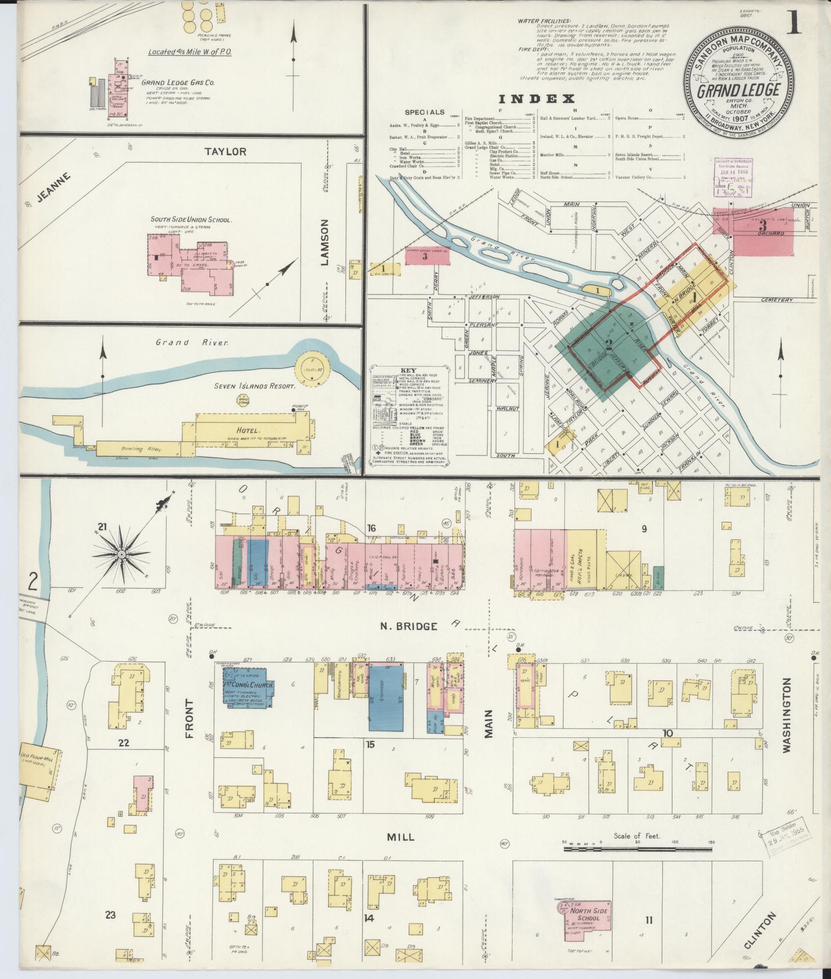 Sanborn Fire Insurance Map from Grand Ledge, Eaton County, Michigan (1907), Sheet #0001 - Complete Map Set gallery image, historic Sanborn map, vintage wall art, Michigan Michigan