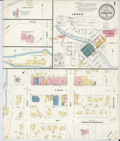 Sanborn Fire Insurance Map from Grand Ledge, Eaton County, Michigan (1907), Sheet #0001 - Complete Map Set gallery image, historic Sanborn map, vintage wall art, Michigan Michigan
