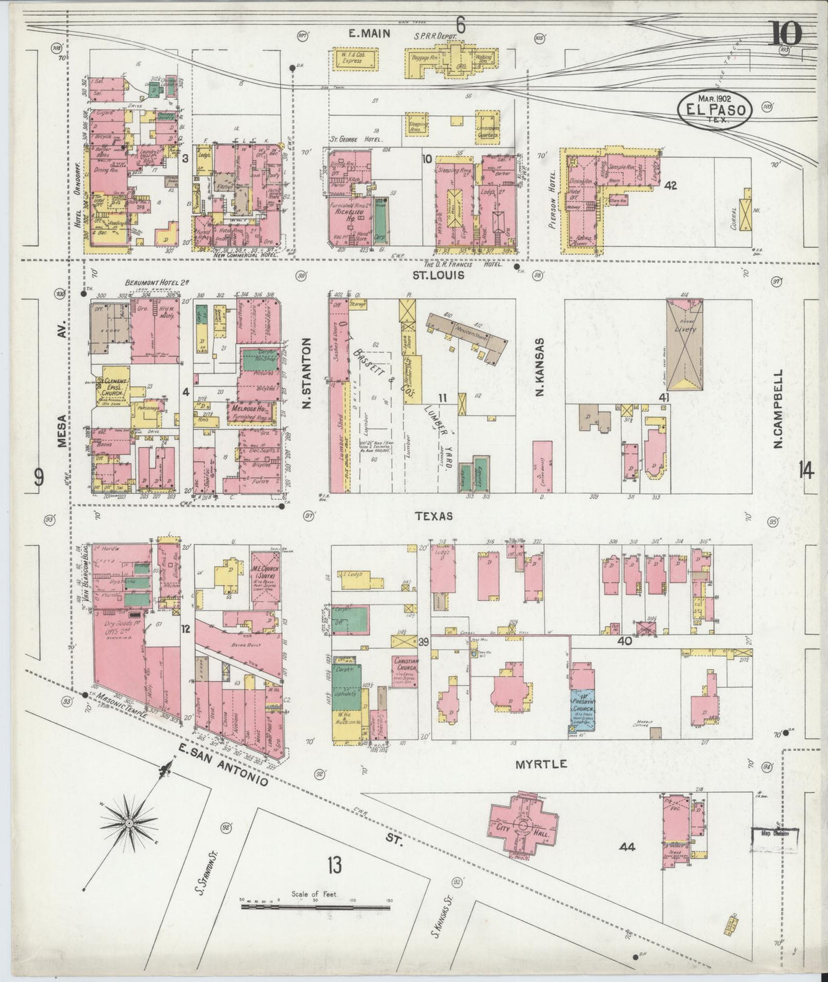 Sanborn Fire Insurance Map from El Paso, El Paso County, Texas (1902), Sheet #0010 - Historic Sanborn Fire Insurance Map Print, vintage old map wall art, antique decor, genealogy gift, Texas Texas map