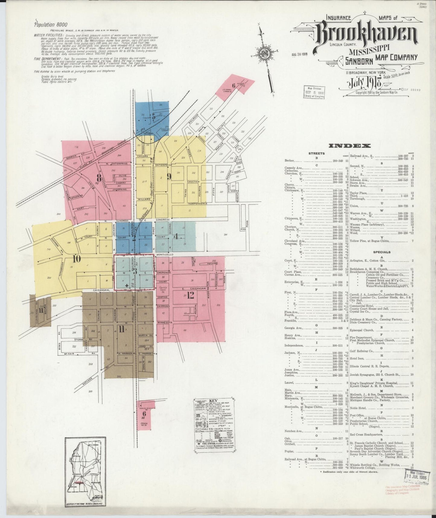 Sanborn Fire Insurance Map from Brookhaven, Lincoln County, Mississippi (1918), Sheet #0001 - Complete Map Set gallery image, historic Sanborn map, vintage wall art, Mississippi Mississippi