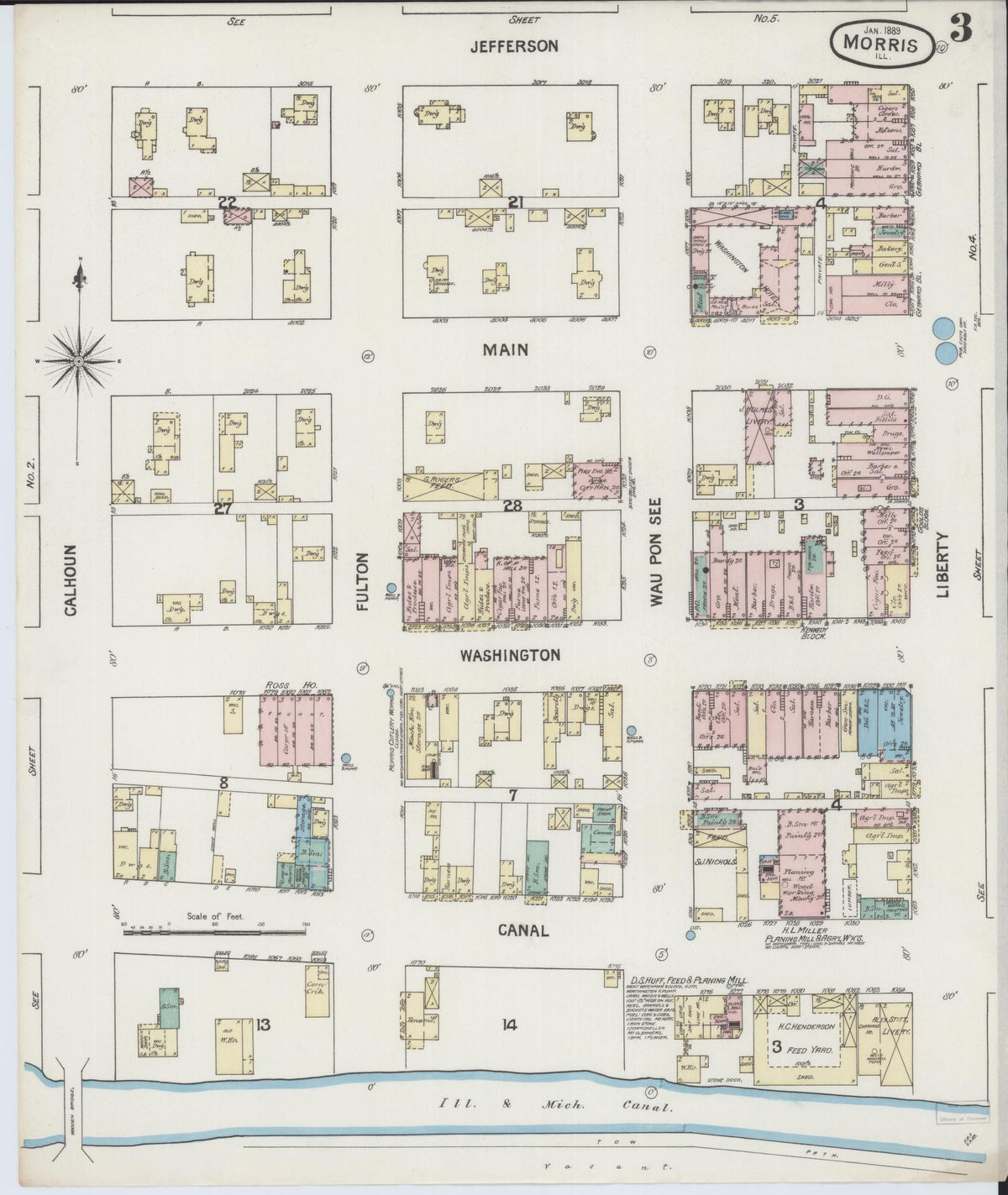 Sanborn Fire Insurance Map from Morris, Grundy County, Illinois (1889), Sheet #0003 - Historic Sanborn Fire Insurance Map Print, vintage old map wall art, antique decor, genealogy gift, Illinois Illinois map