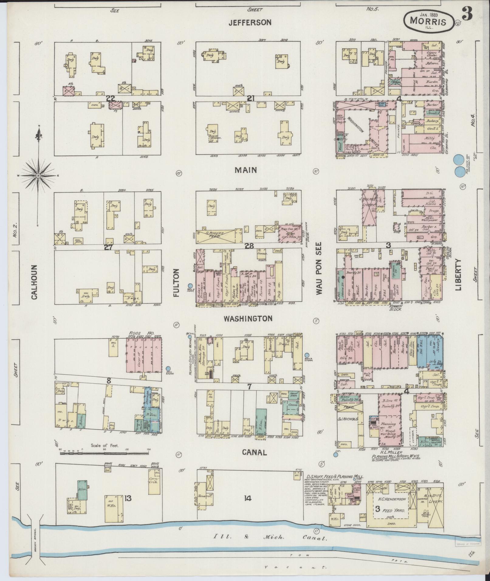 Sanborn Fire Insurance Map from Morris, Grundy County, Illinois (1889), Sheet #0003 - Historic Sanborn Fire Insurance Map Print, vintage old map wall art, antique decor, genealogy gift, Illinois Illinois map