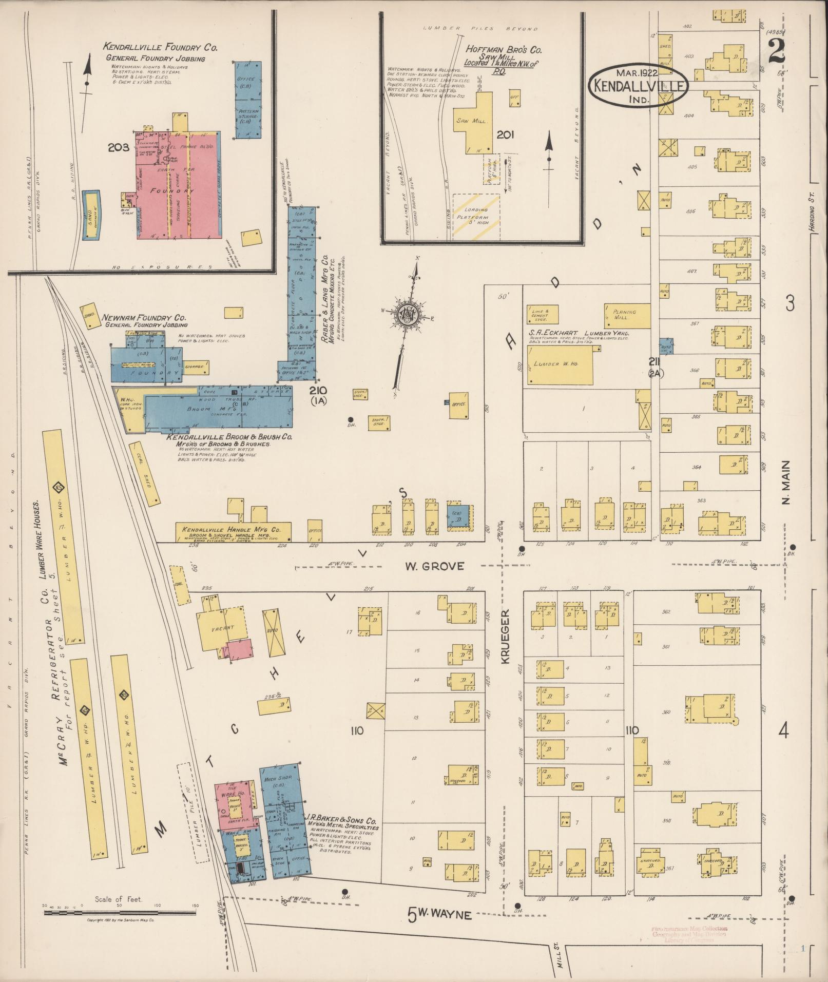 Sanborn Fire Insurance Map from Kendallville, Noble County, Indiana (1922), Sheet #0002 - Complete Map Set gallery image, historic Sanborn map, vintage wall art, Indiana Indiana