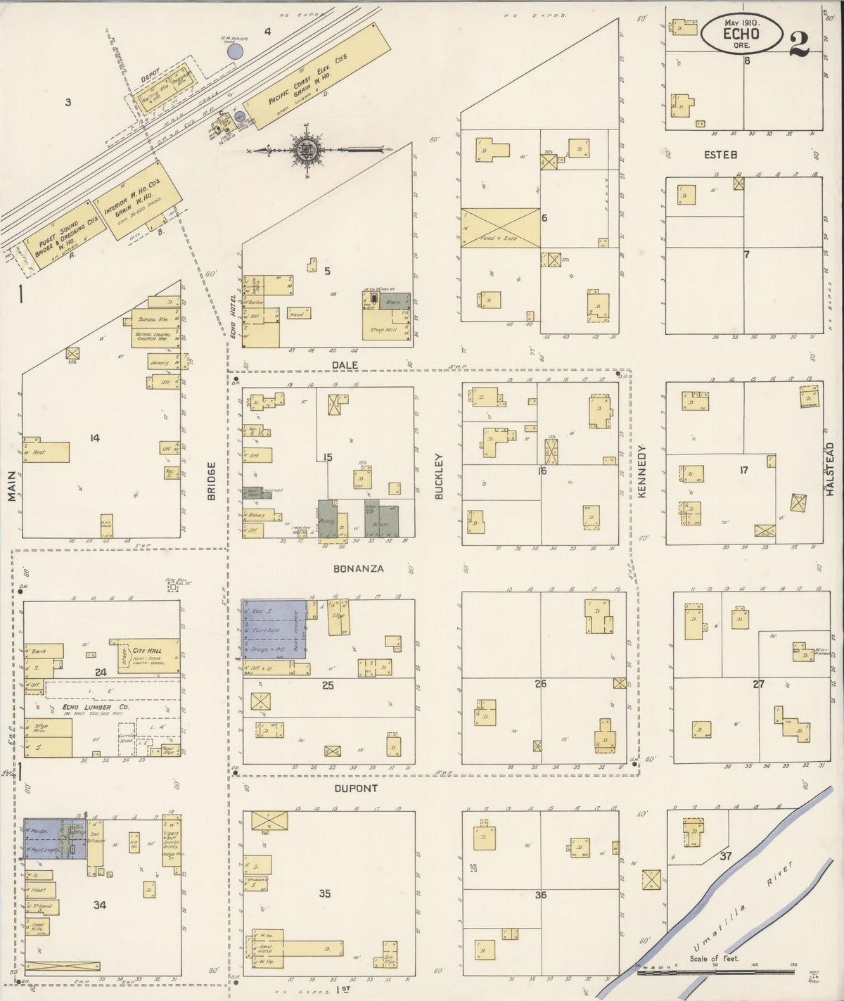 Sanborn Fire Insurance Map from Echo, Umatilla County, Oregon (1910), Sheet #0002 - Historic Sanborn Fire Insurance Map Print, vintage old map wall art, antique decor, genealogy gift, Oregon Oregon map