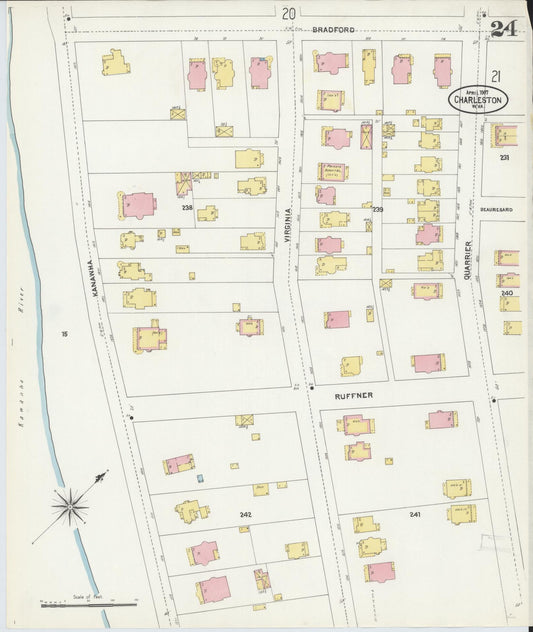 Sanborn Fire Insurance Map from Charleston, Kanawha County, West Virginia (1907), Sheet #0024 - Historic Sanborn Fire Insurance Map Print, vintage old map wall art, antique decor, genealogy gift, West Virginia West Virginia map
