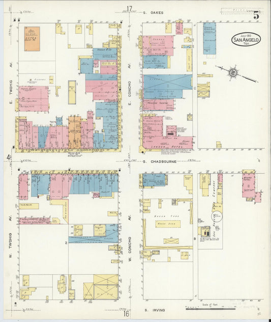 Sanborn Fire Insurance Map from San Angelo, Tom Green County, Texas (1913), Sheet #0005 - Historic Sanborn Fire Insurance Map Print, vintage old map wall art, antique decor, genealogy gift, Texas Texas map