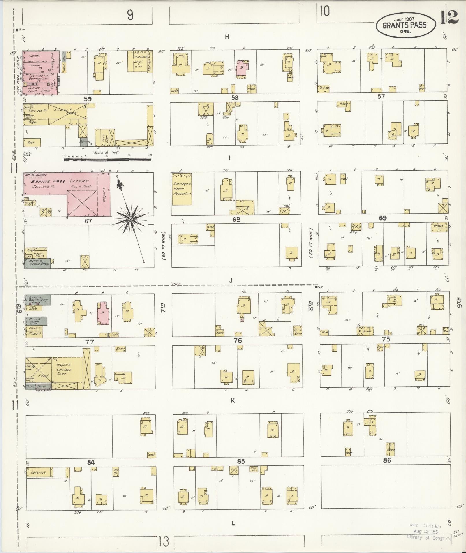 Sanborn Fire Insurance Map from Grants Pass, Josephine County, Oregon (1907), Sheet #0012 - Historic Sanborn Fire Insurance Map Print, vintage old map wall art, antique decor, genealogy gift, Oregon Oregon map