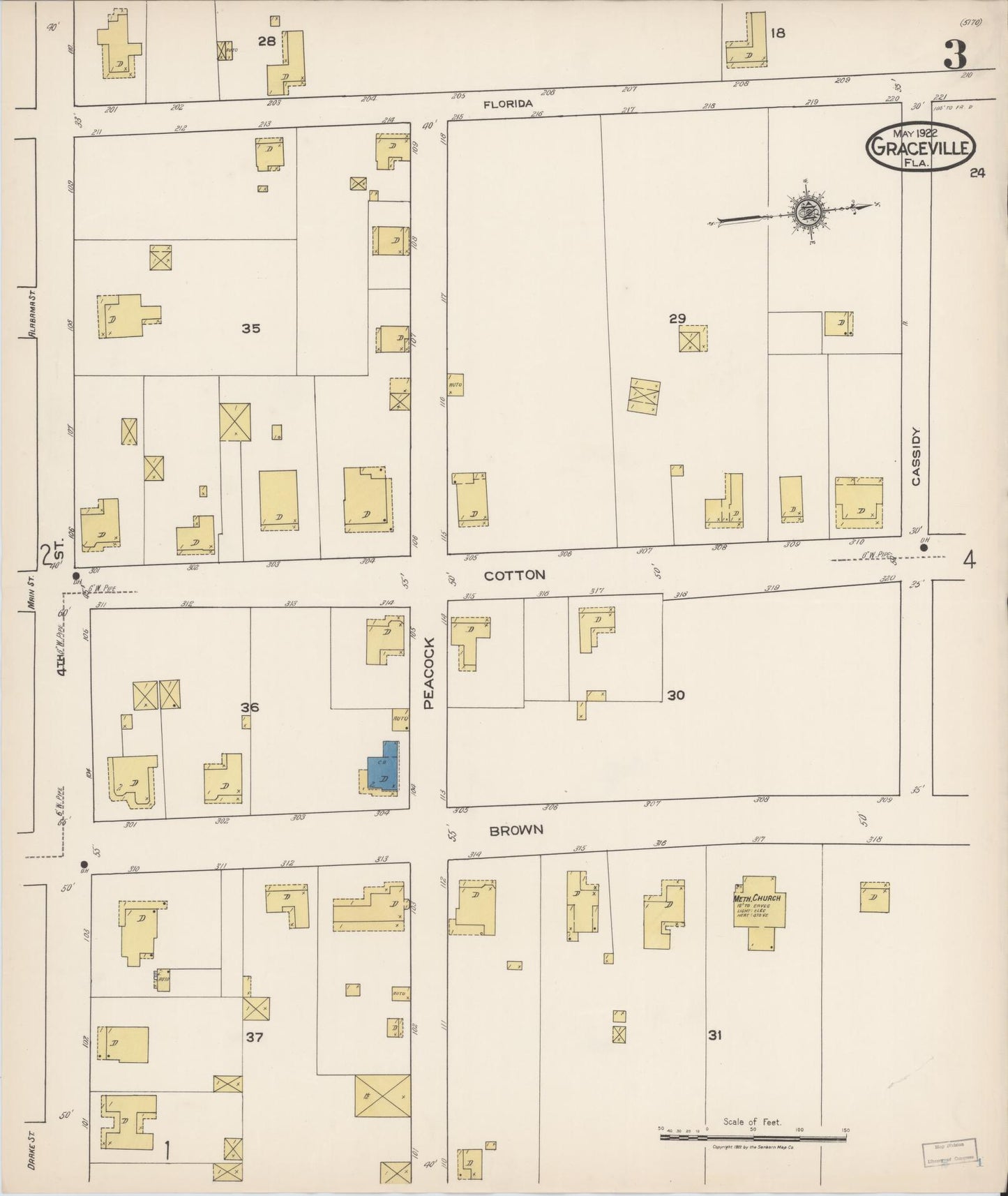Sanborn Fire Insurance Map from Graceville, Jackson County, Florida (1922), Sheet #0003 - Historic Sanborn Fire Insurance Map Print, vintage old map wall art, antique decor, genealogy gift, Florida Florida map