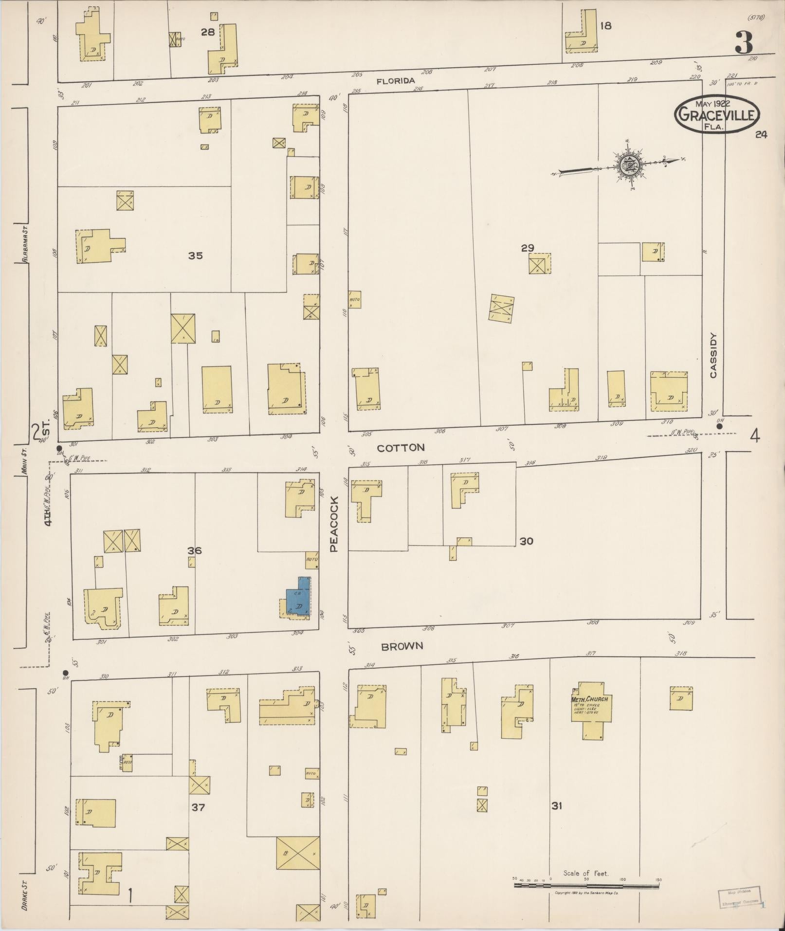 Sanborn Fire Insurance Map from Graceville, Jackson County, Florida (1922), Sheet #0003 - Historic Sanborn Fire Insurance Map Print, vintage old map wall art, antique decor, genealogy gift, Florida Florida map
