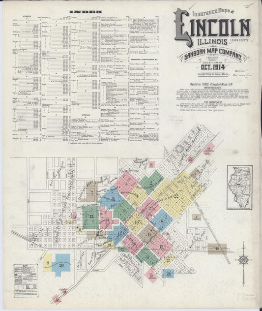 Sanborn Fire Insurance Map from Lincoln, Logan County, Illinois (1914), Sheet #0001 - Historic Sanborn Fire Insurance Map Print, vintage old map wall art, antique decor, genealogy gift, Illinois Illinois map