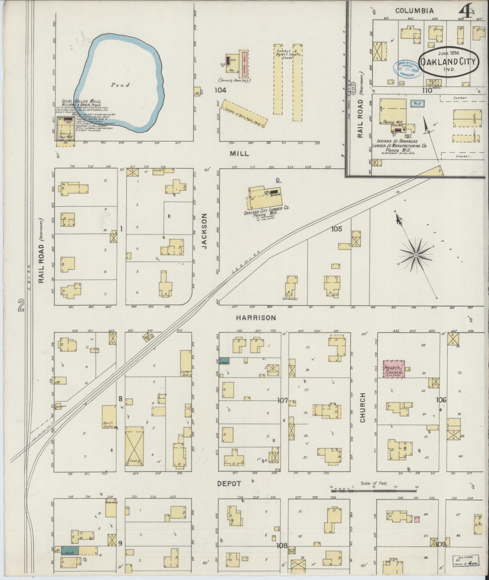 Sanborn Fire Insurance Map from Oakland City, Gibson County, Indiana (1894), Sheet #0004 - Complete Map Set gallery image, historic Sanborn map, vintage wall art, Indiana Indiana