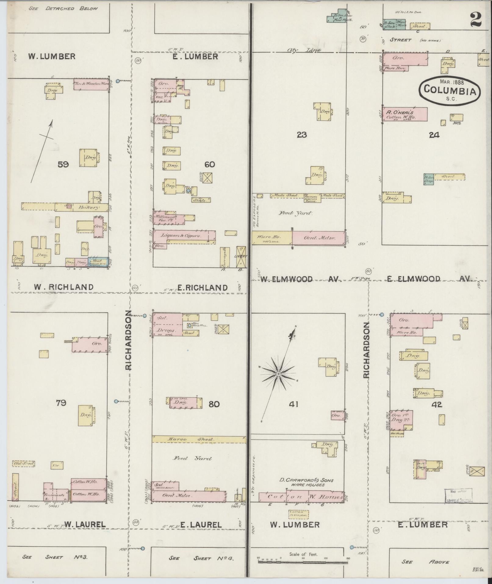 Sanborn Fire Insurance Map from Columbia, Richland County, South Carolina (1888), Sheet #0002 - Complete Map Set gallery image, historic Sanborn map, vintage wall art, South Carolina South Carolina