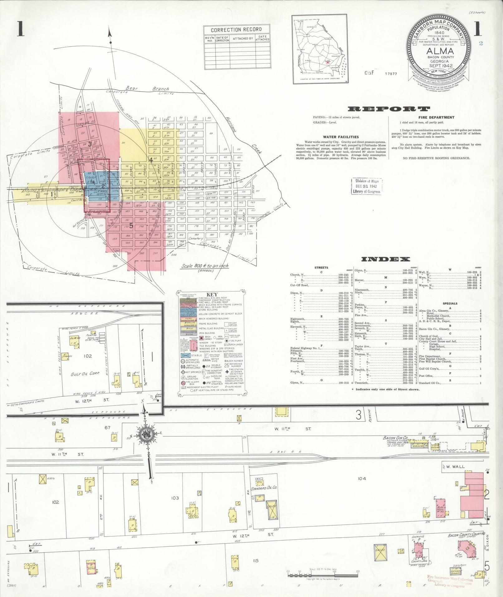 Sanborn Fire Insurance Map from Alma, Bacon County, Georgia (1942), Sheet #0001 - Complete Map Set gallery image, historic Sanborn map, vintage wall art, Georgia Georgia
