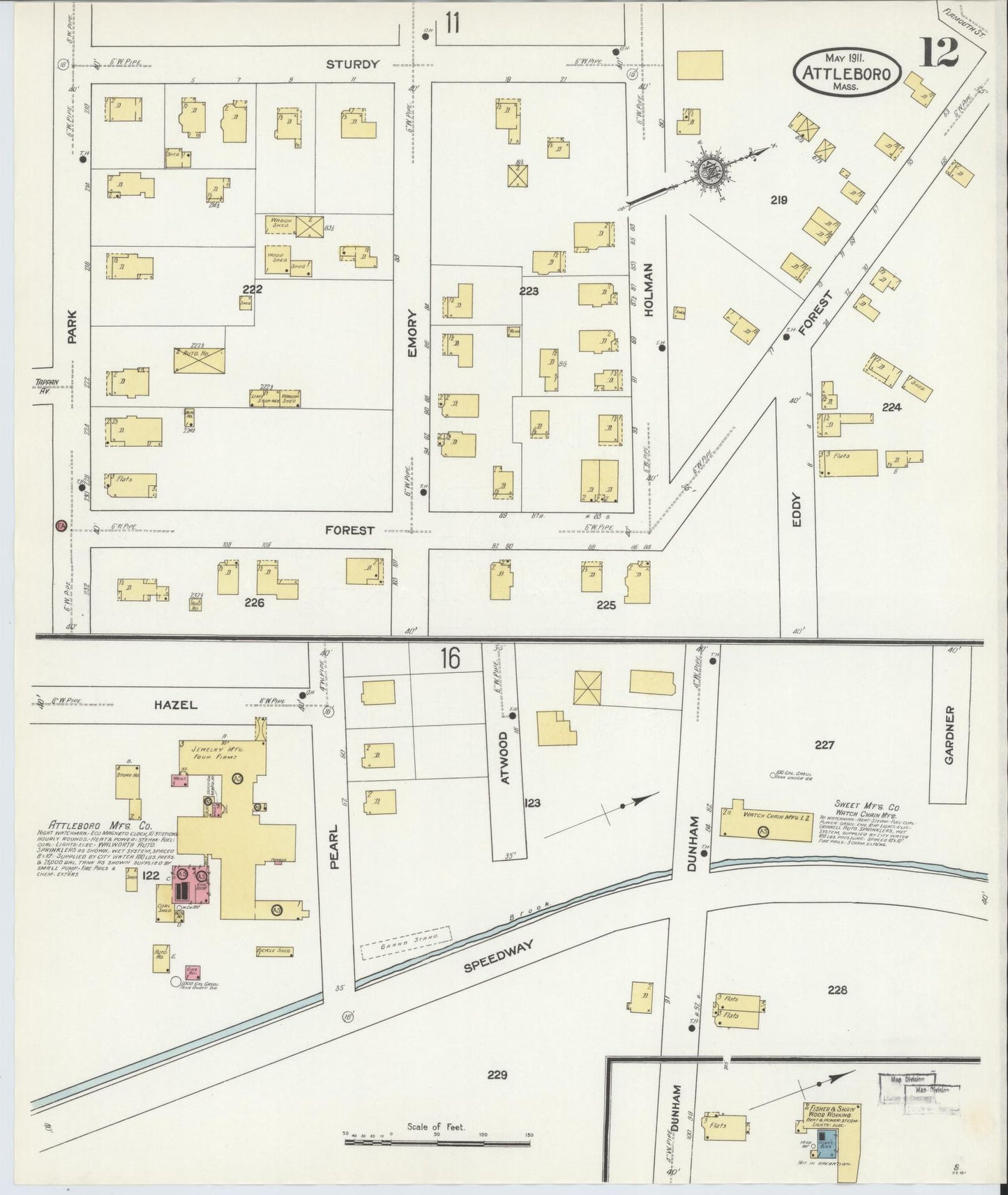 Sanborn Fire Insurance Map from Attleboro, Bristol County, Massachusetts (1911), Sheet #0012 - Historic Sanborn Fire Insurance Map Print, vintage old map wall art, antique decor, genealogy gift, Massachusetts Massachusetts map