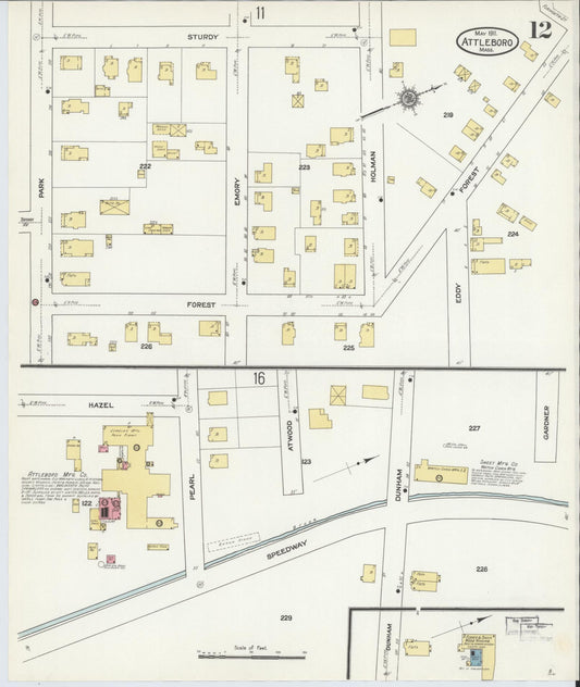 Sanborn Fire Insurance Map from Attleboro, Bristol County, Massachusetts (1911), Sheet #0012 - Historic Sanborn Fire Insurance Map Print, vintage old map wall art, antique decor, genealogy gift, Massachusetts Massachusetts map