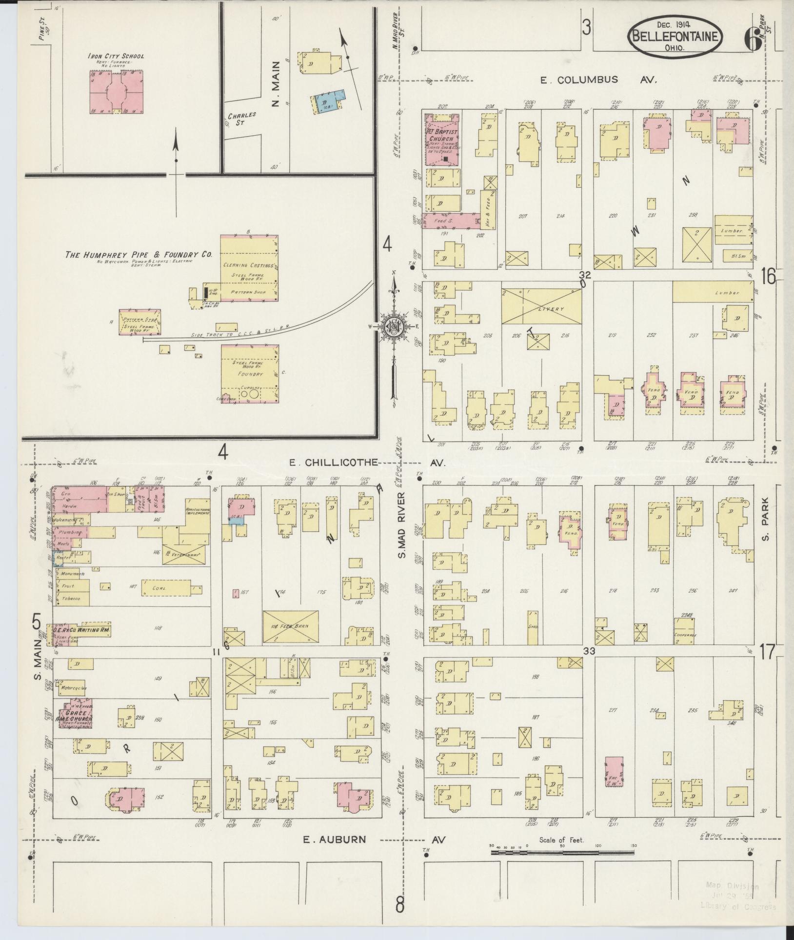 Sanborn Fire Insurance Map from Bellefontaine, Logan County, Ohio (1914), Sheet #0006 - Complete Map Set gallery image, historic Sanborn map, vintage wall art, Ohio Ohio