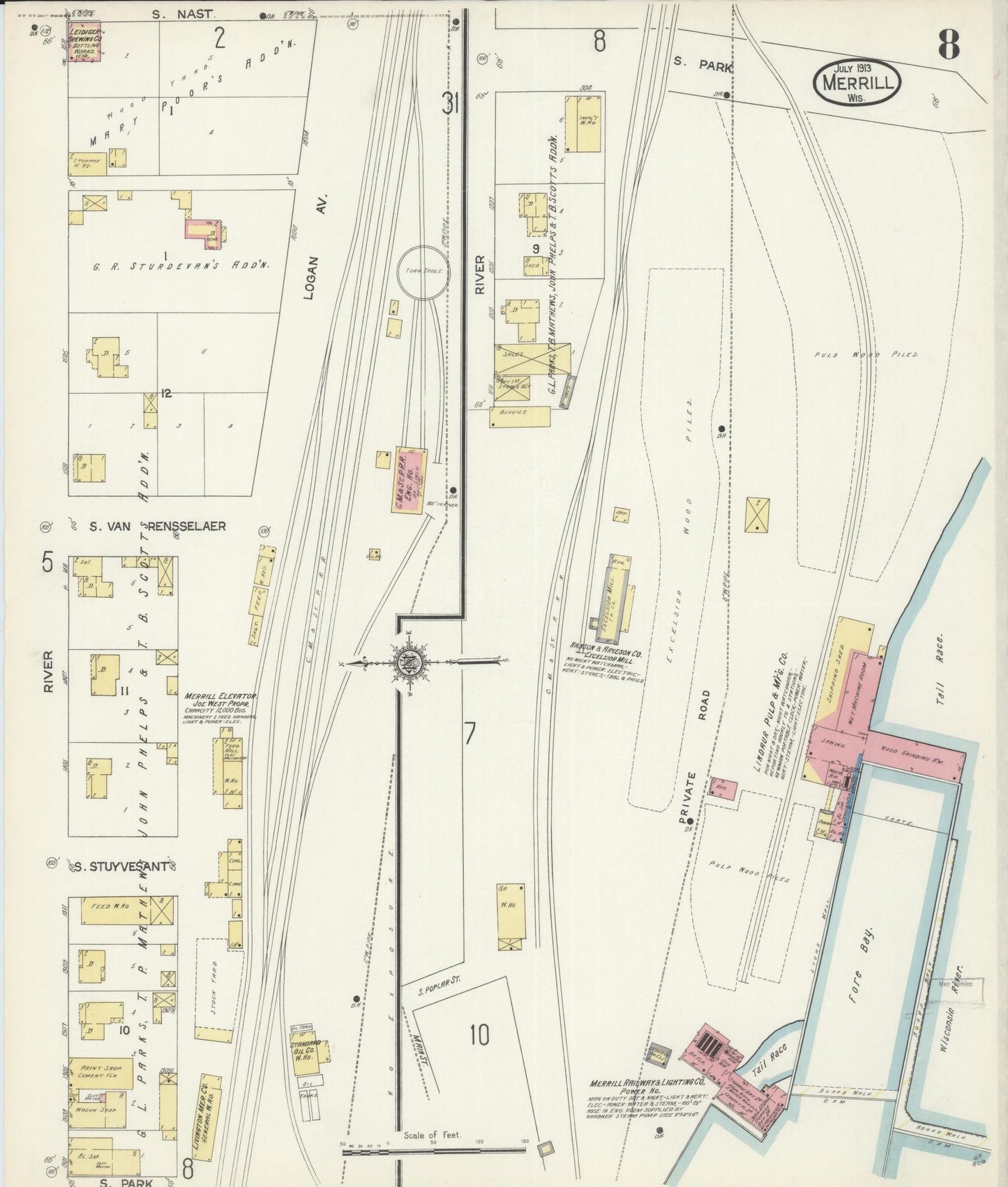 Sanborn Fire Insurance Map from Merrill, Lincoln County, Wisconsin (1913), Sheet #0008 - Complete Map Set gallery image, historic Sanborn map, vintage wall art, Wisconsin Wisconsin