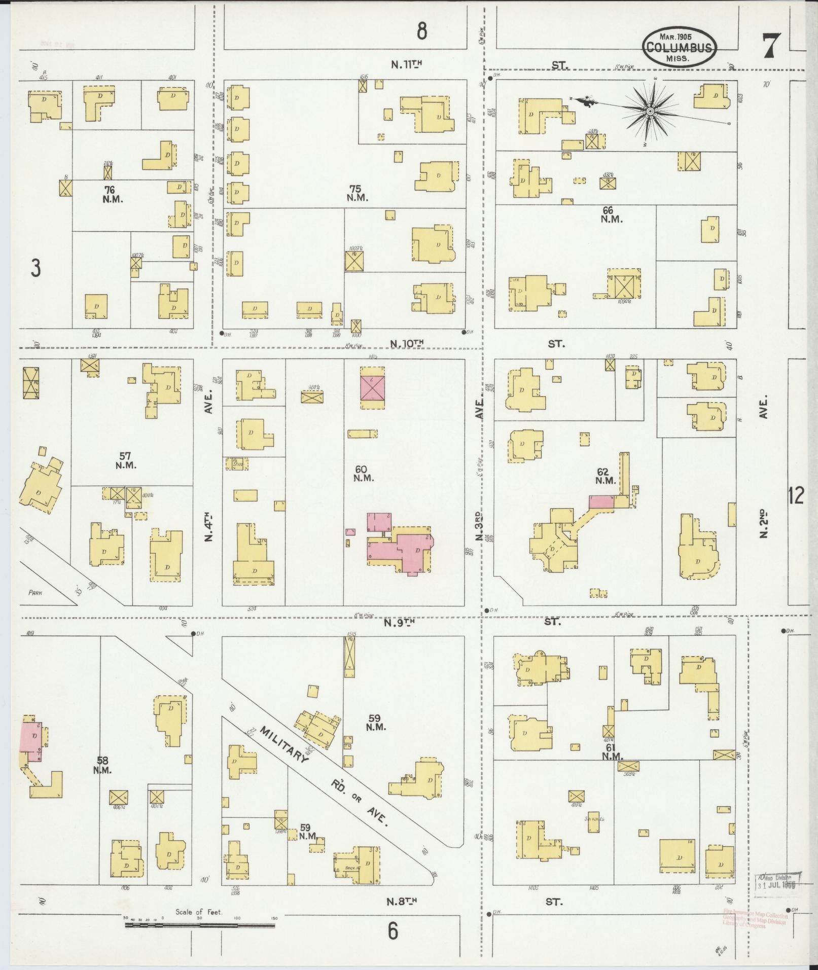Sanborn Fire Insurance Map from Columbus, Lowndes County, Mississippi (1905), Sheet #0007 - Historic Sanborn Fire Insurance Map Print, vintage old map wall art, antique decor, genealogy gift, Mississippi Mississippi map