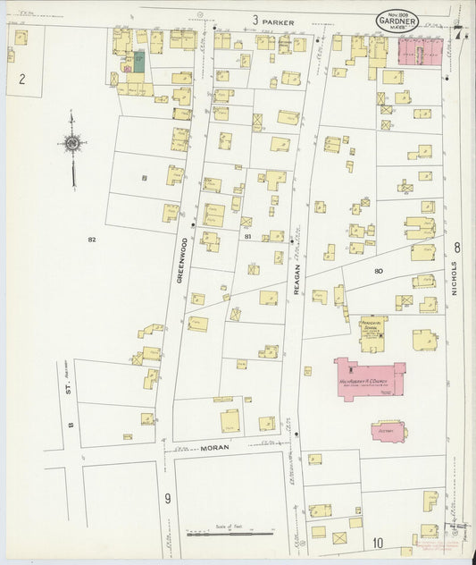 Sanborn Fire Insurance Map from Gardner, Worcester County, Massachusetts (1909), Sheet #0007 - Historic Sanborn Fire Insurance Map Print, vintage old map wall art, antique decor, genealogy gift, Massachusetts Massachusetts map