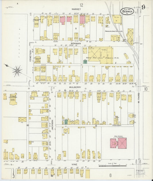 Sanborn Fire Insurance Map from Berwick, Columbia County, Pennsylvania (1907), Sheet #0009 - Historic Sanborn Fire Insurance Map Print, vintage old map wall art, antique decor, genealogy gift, Pennsylvania Pennsylvania map