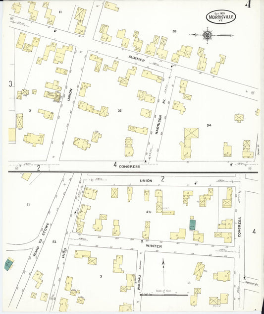 Sanborn Fire Insurance Map from Morrisville, Lamoille County, Vermont (1909), Sheet #0004 - Historic Sanborn Fire Insurance Map Print, vintage old map wall art, antique decor, genealogy gift, Vermont Vermont map